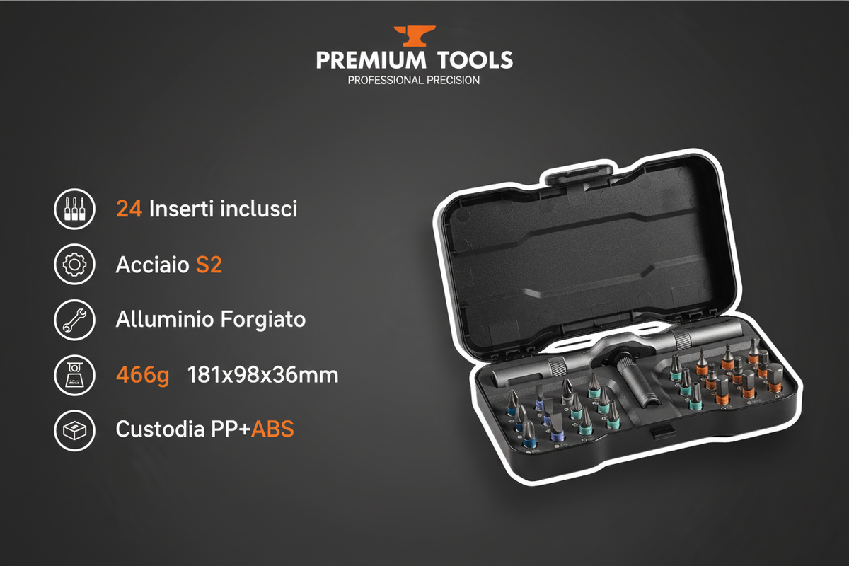 Infografica specifiche tecniche del set cacciavite 24-in-1