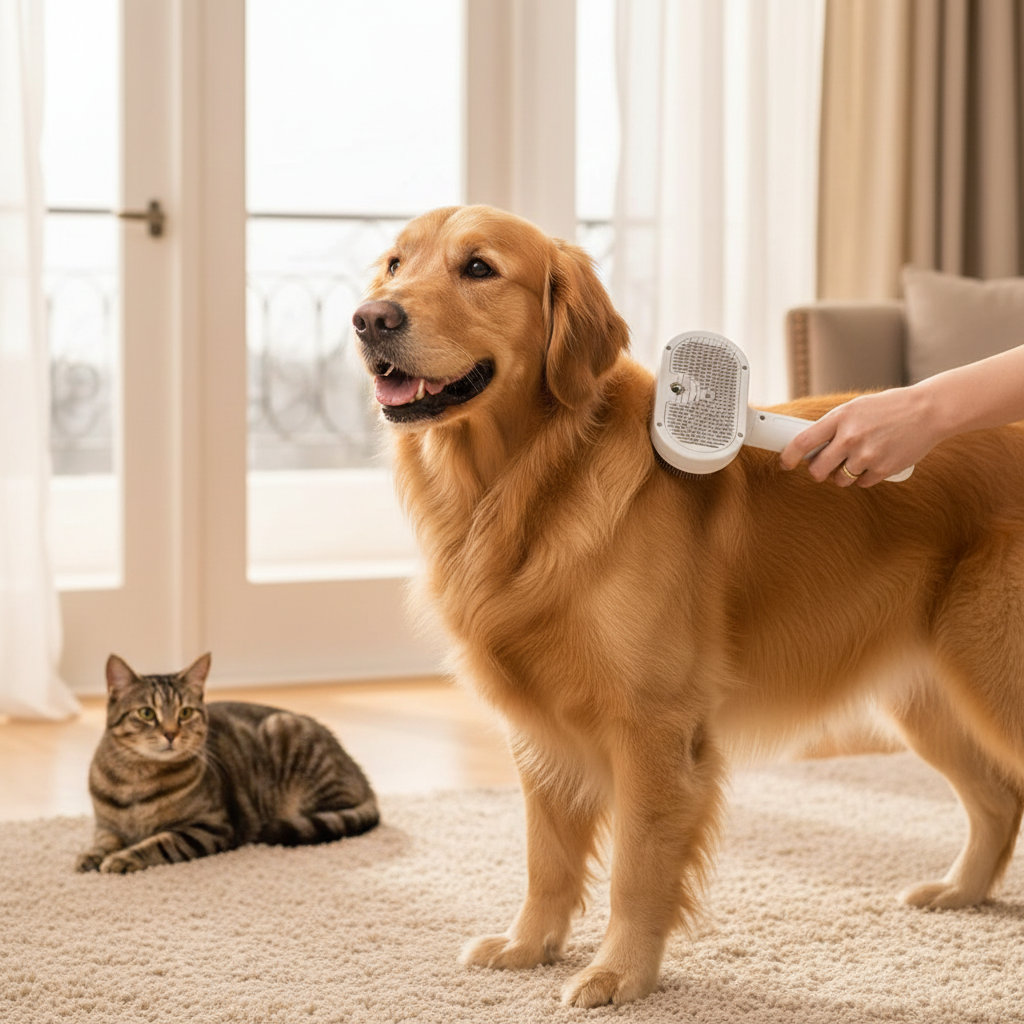 Cane spazzolato delicatamente sulla schiena con un gatto vicino